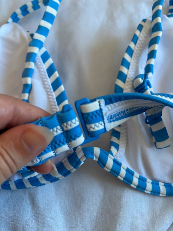 Haut de maillot de bain bikini bleu blanc rayé penti taille XS/34 neuf - photo numéro 4