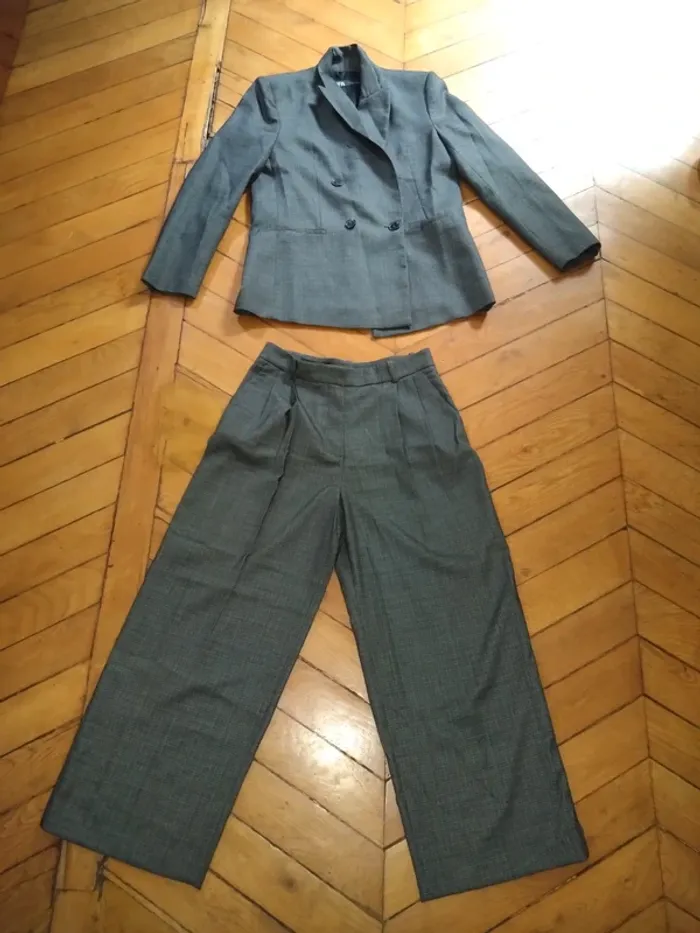 Tailleur Zara T.S 36 – Veste oversize & pantalon jambe large taille haute, gris chiné - photo numéro 8
