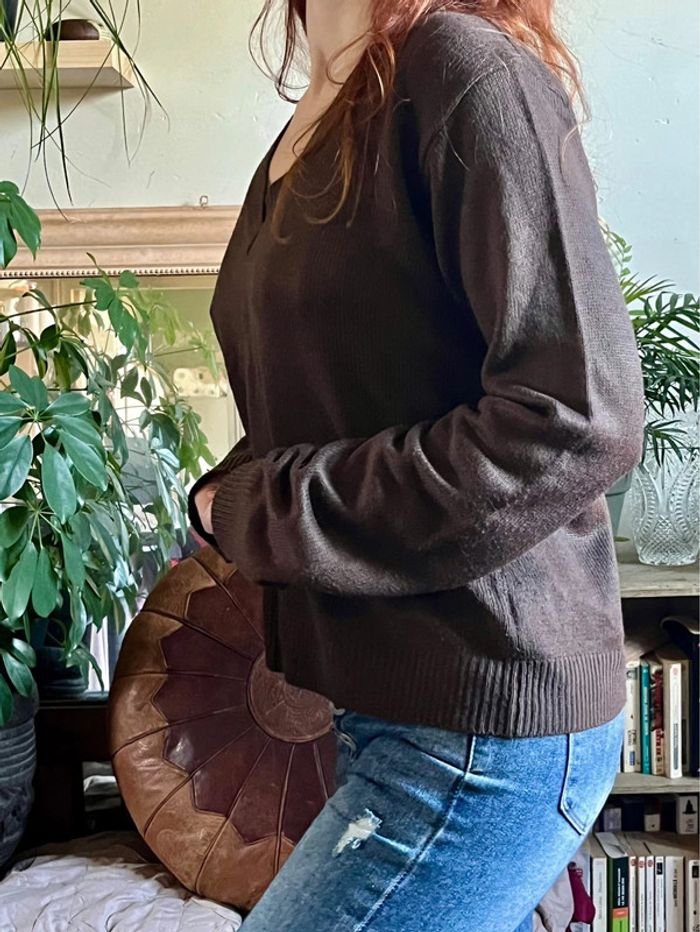 Pull ample manches longues col V - marron - photo numéro 10