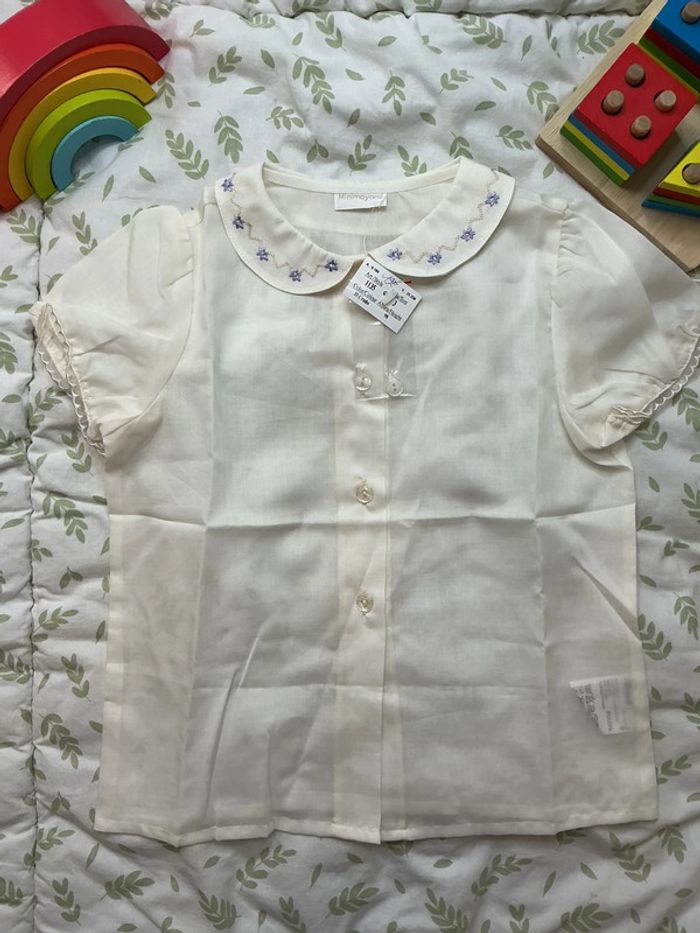 Chemise minimayoral manches courtes 6 ans beige en voile broderies violet sur le col - photo numéro 3