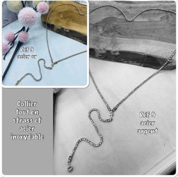 Collier dos nu acier inoxydable or ou argent tout en strass