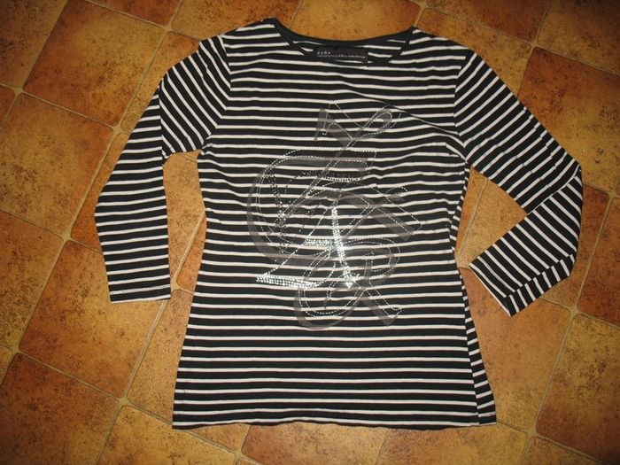 TEE SHIRT ML NOIR RAYÉ ÉCRU "ZARA" - TAILLE M - n°01