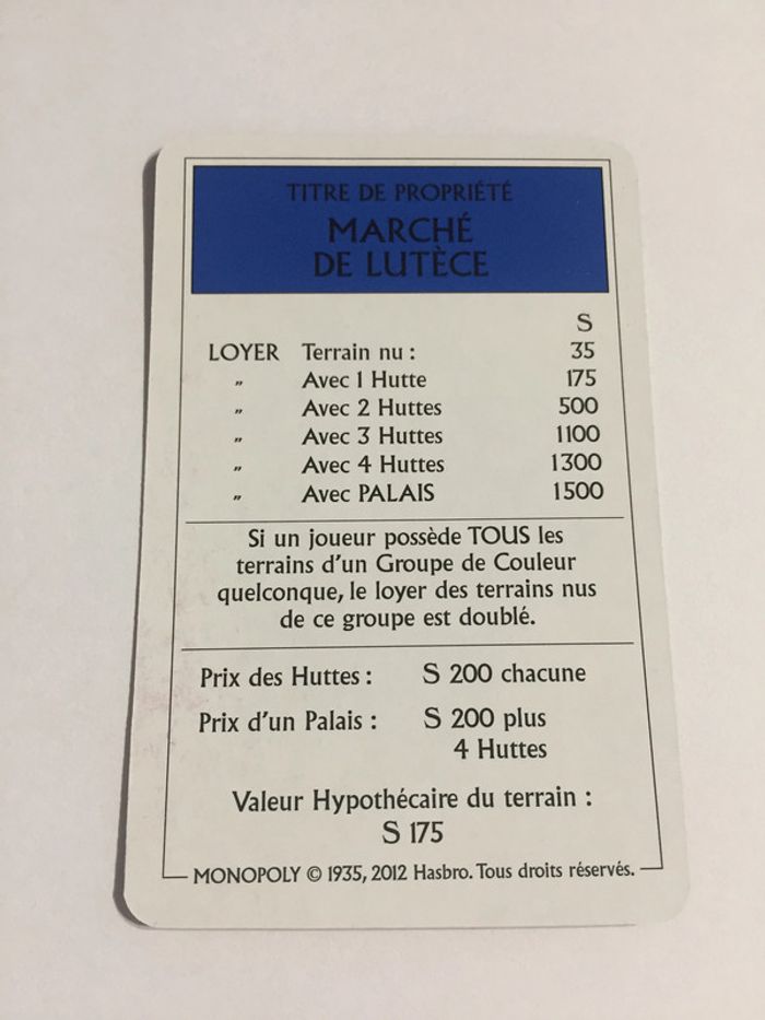 Carte Marché de Lutèce pièce détachée jeu de société Monopoly le tour de Gaule d'Astérix Hasbro #A53