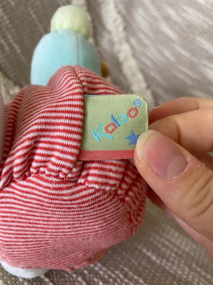 Peluche doudou boule 18cm Kaloo souris rouge rayé et bleu très bon état - photo numéro 4