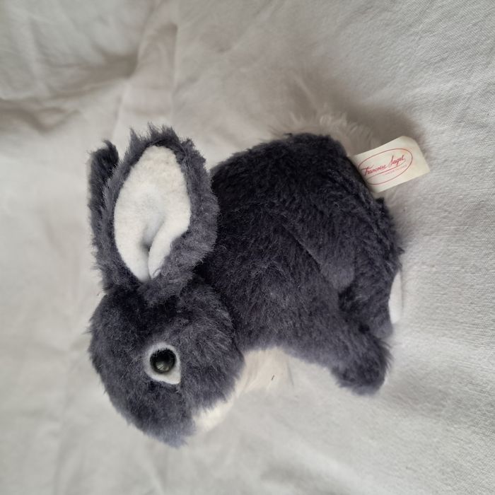Doudou peluche lapin bleu gris Francoise Saget Hauteur 11 cm vintage 90's