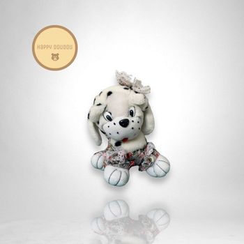 Peluche doudou dalmatien noir blanc tenue fleurs A462
