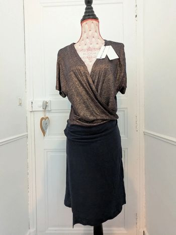 Robe cache coeur en lin bleu et rose Copper brillante