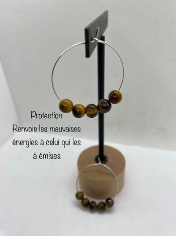 Boucles d’oreilles rondes œil de tigre , inoxydables, lithothérapie