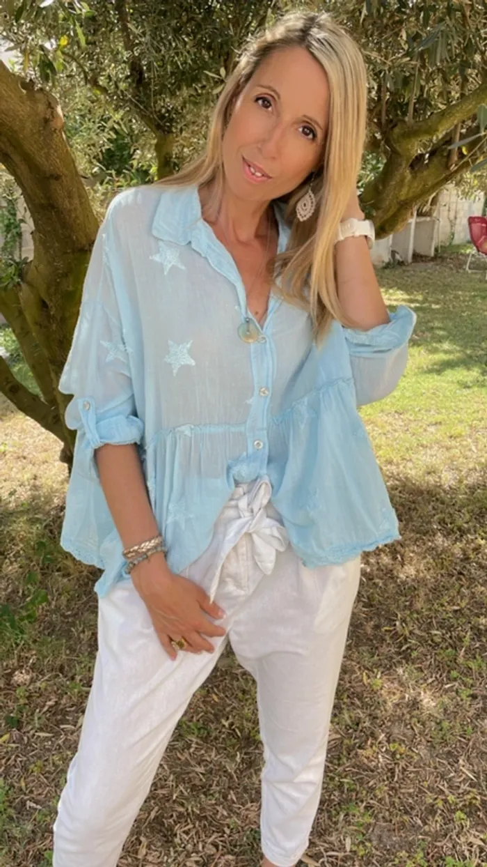 chemise bleu ciel coton avec étoiles - photo numéro 2
