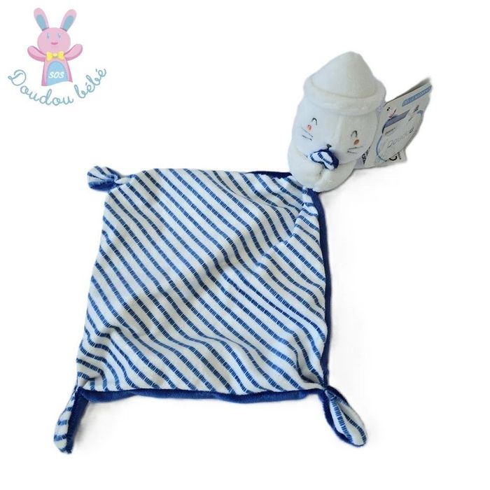 Doudou Phoque marin blanc rayé bleu mouchoir Mots d'Enfants
