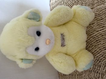 DOUDOU PELUCHE BOULGOM SINGE JAUNE VERT VINTAGE 22cm pouet 