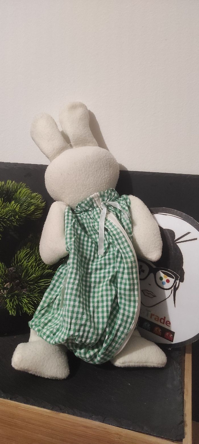 Doudou lapin range-pyjama vert blanc peluche ancien carreaux bledina Vichy - photo numéro 2