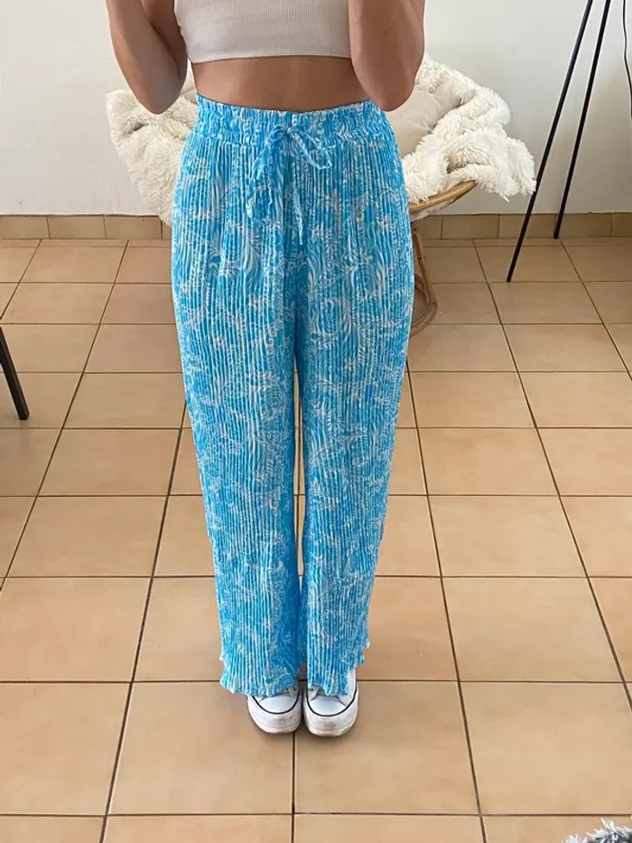 Pantalon fluide bleu à motif blanc - photo numéro 6