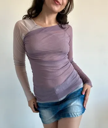 Haut vintage y2k années 2000 mauve et beige drapé transparent taille S