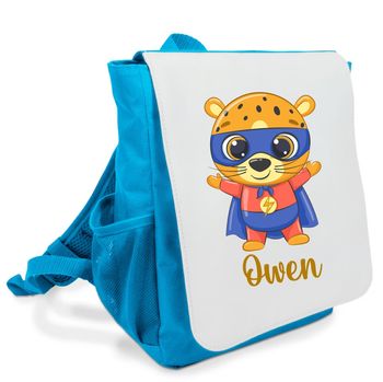 Sac à dos bleu maternelle personnalisé prénom - Tigre super-héros - Rabat imprimé amovible - Sac crèche garçon