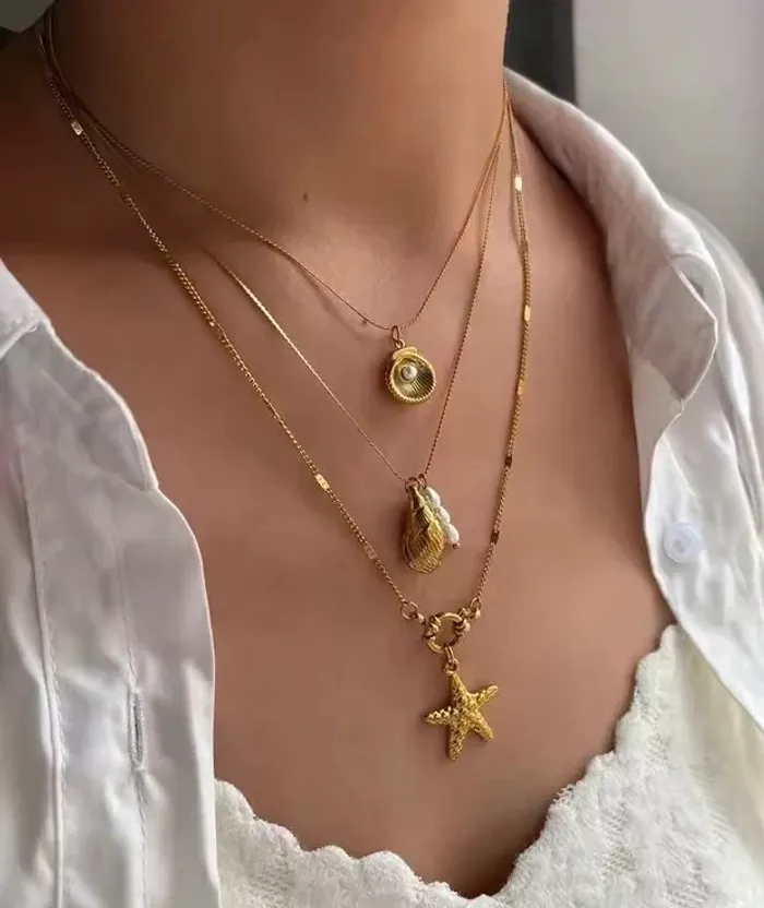 Set 3 colliers dorés pendentifs coquillage perle étoile de mer acier inoxydable – Neuf - photo numéro 3