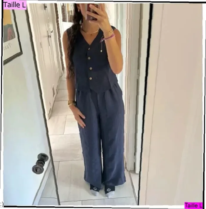 Ensemble Femme Deux Pièces Bleu Marine Gilet Pantalon - Taille L Neuf Jamais Porté