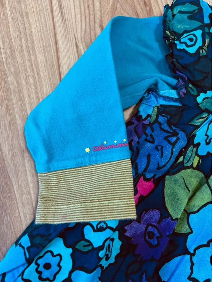 Taille 4 ans tenue 2 pièces fille Catimini bleu turquoise et vert * fleurs rayures * 🩷 - photo numéro 5