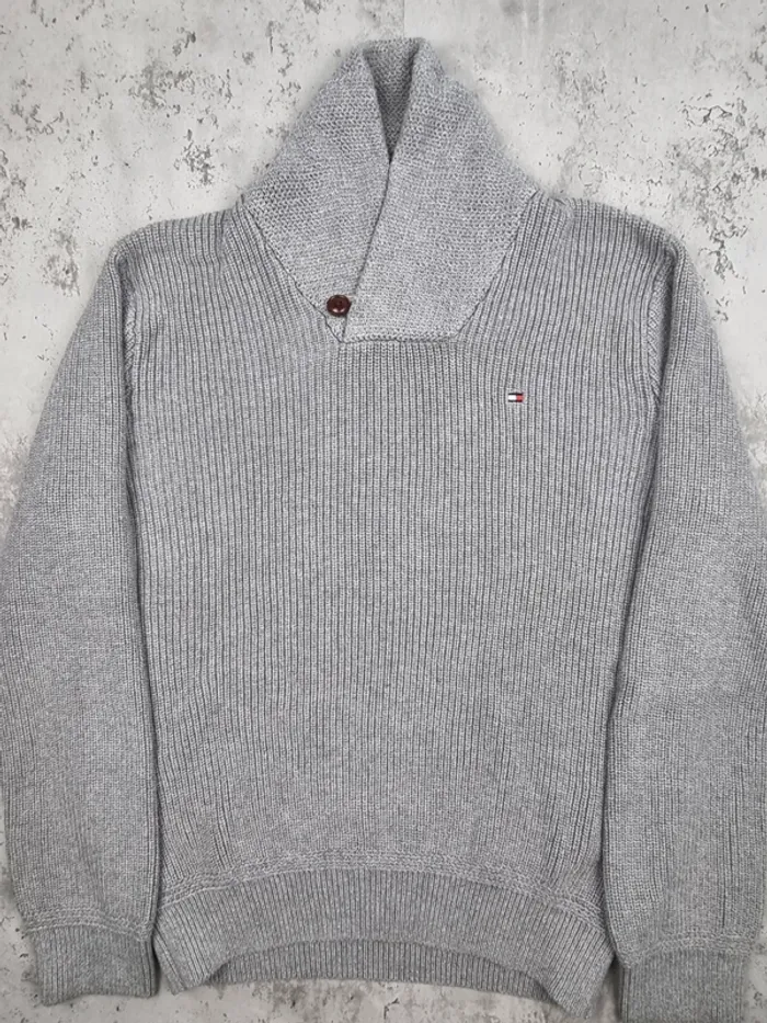 Pull col châle Tommy Hilfiger gris – Taille M Homme (mesures en photos) - photo numéro 3