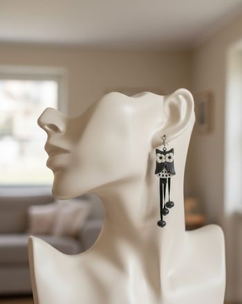 Boucles d'oreilles pendantes Chouette noire & blanche - Design artisanal unique