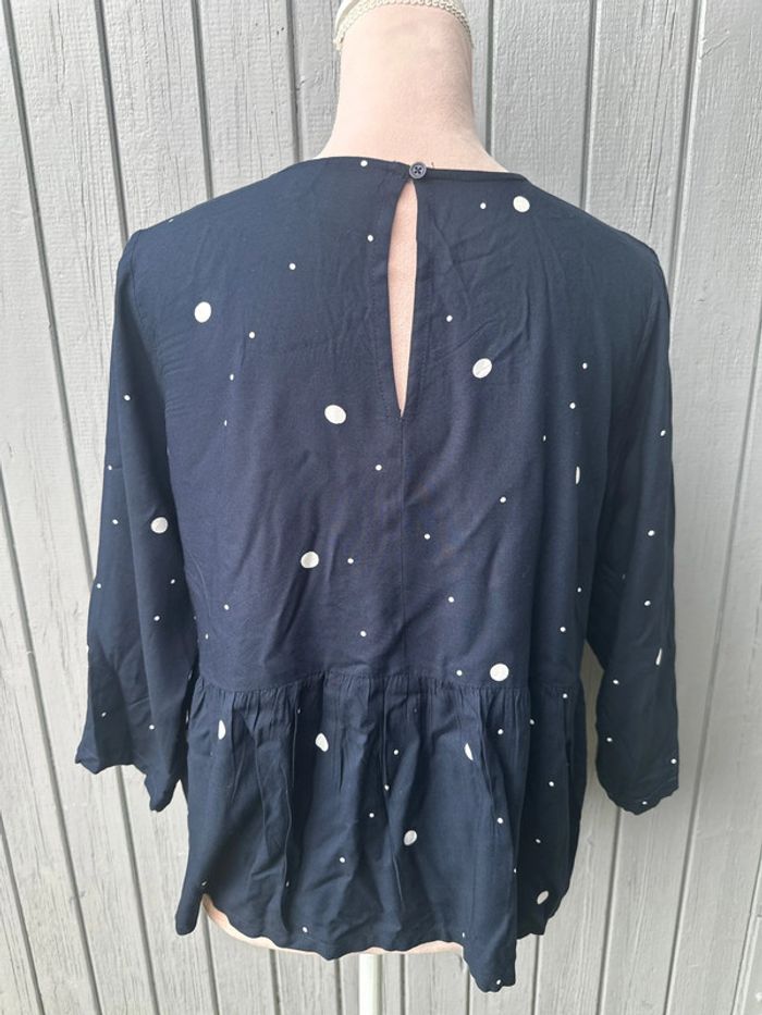 Blouse manches 3/4 bleu marine à pois blancs été légère ICHI 38/M - photo numéro 4