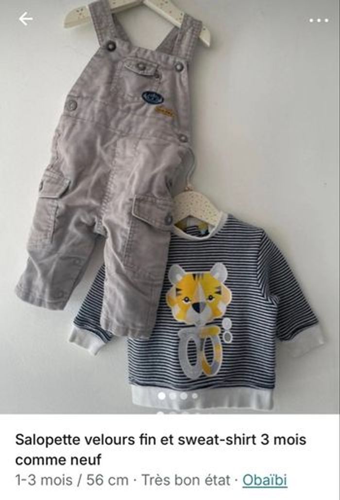 Sweat-shirt + salopette velours fin 3 mois