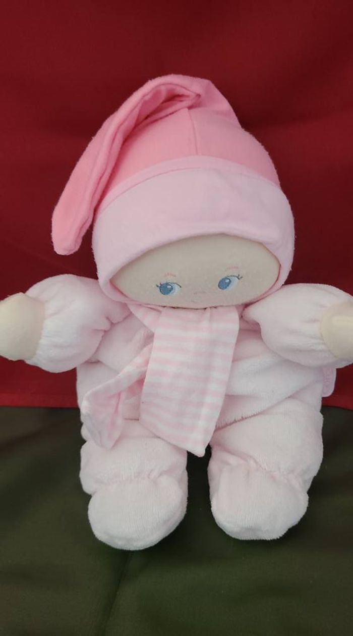 Doudou poupée poupon bébé rose echarpe rayé COROLLE 2012
