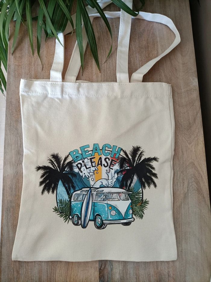 Tote bag Sac en toile beige écru imprimé Plage Surf - photo numéro 3