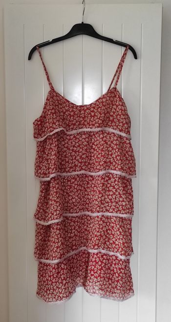 Robe à bretelles femme taille 44 – Volants, motif floral beige et corail