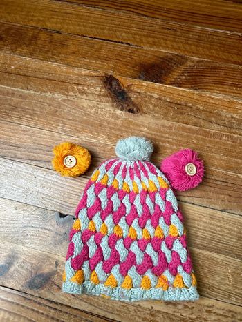 Bonnet gris rose orange