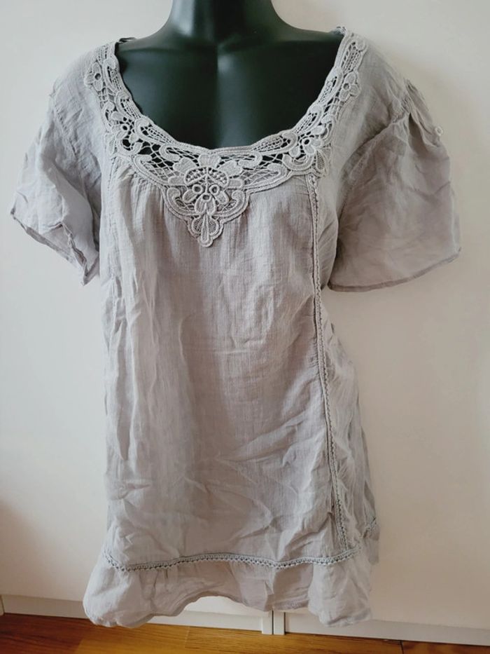 Haut Top tee shirt gris dentelle L /40 /12 coton coquette - photo numéro 4