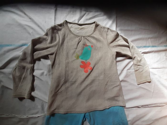 Pyjama 2 pièces bleu et gris clair motif oiseau et fleur - photo numéro 2