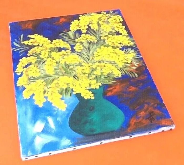 Tableau Huile sur toile   Nature morte " Bouquet de mimosa "  Signé TAF (Gustave Wallet) - photo numéro 3