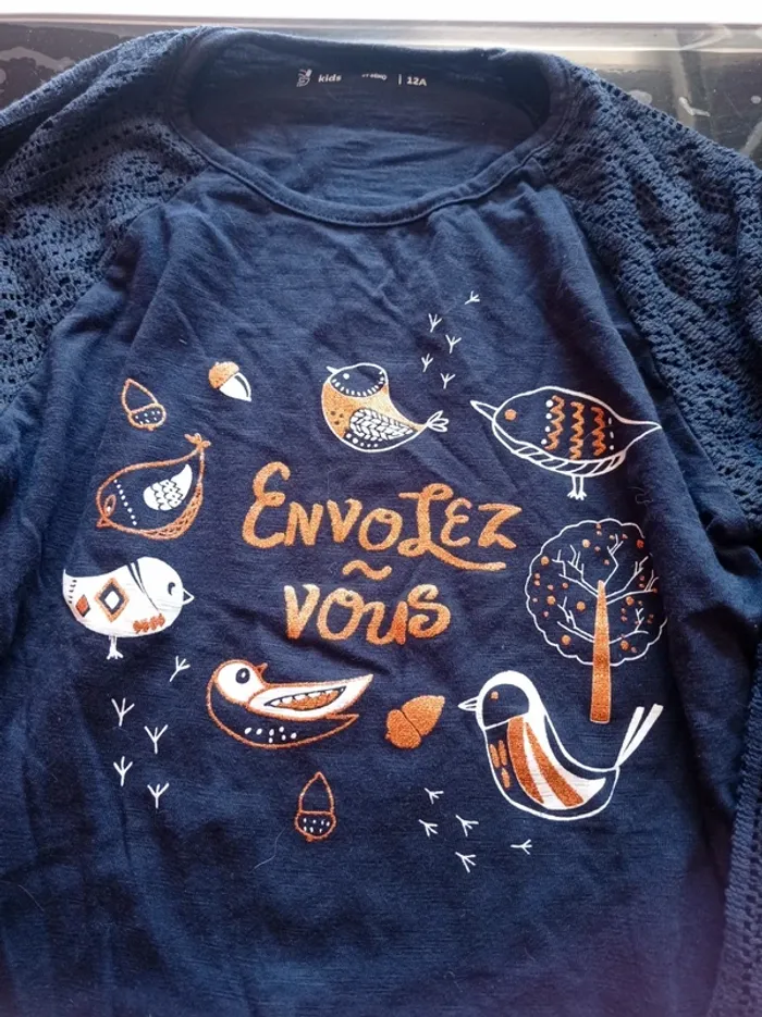 T-shirt manche longue bleu avec motifs oiseaux - photo numéro 2