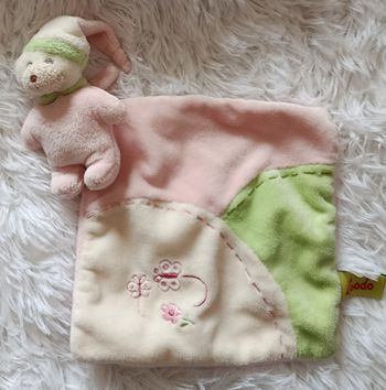 Doudou peluche ours avec mouchoir rose , blanc,  vert - Papillons / Fleur - Toodo
