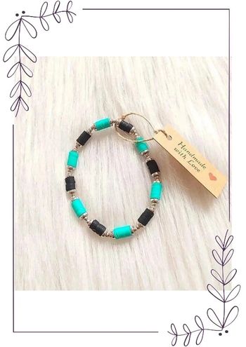 Bracelet élastique mixte homme femme perles plates vert et noir