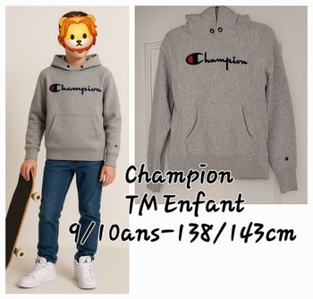 Champion Sweat Capuche TM Enfant- 9/10ans-138/143cm- Gris Chiné-Logo Brodé-Coupe Droite en TBE