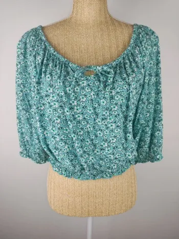 Blouse manches 3/4 taille smockée motifs fleuris tons bleu et vert taille 44 Liberto