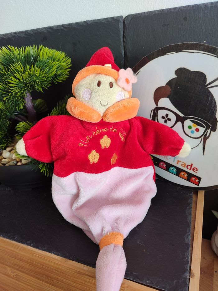 doudou marionnette lutin un rêve de bébé rose rouge orange fleur bonnet  3133