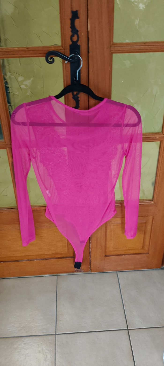 Body Manches Longues Transparent - Dentelle Rose Fuchsia Taille 38 - photo numéro 3