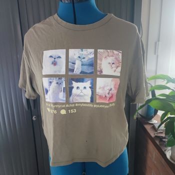 T-shirt kaki gemo 16ans taille S 36 imprimé chat léger accro bas t-shirt