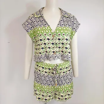 Ensemble ZARA coton imprimé ethnique vert bleu M haut boutonné + short taille cordon A567