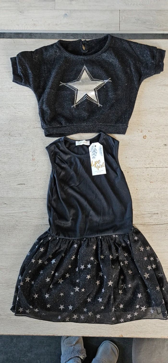 Robe courte noire avec étoiles sans manche avec pull assorti, LPC Girls, 5 ans, neuf