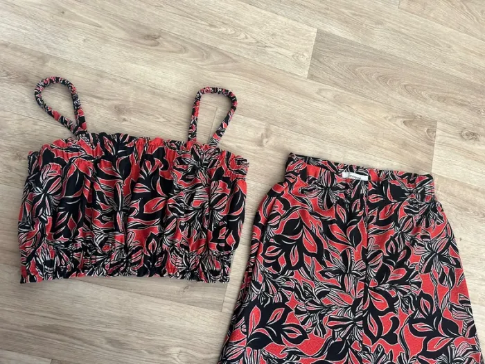 Promod ensemble pantalon, fluide, imprimé+ crop top femme, taille 40 - photo numéro 2