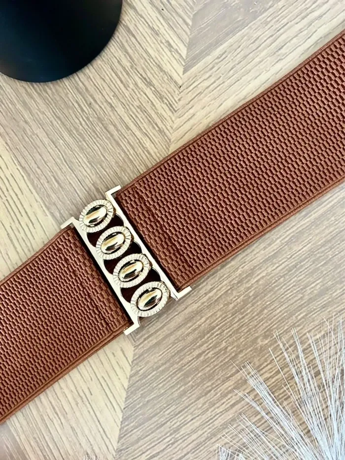 Superbe ceinture large élégante et chic marron Camel et doré taille ajustable - photo numéro 2