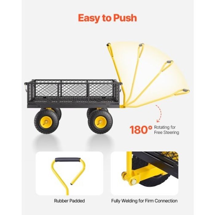 VEVOR Chariot de Jardin Transport, Charge 408,23 kg, Chariot Utilitaire Robuste Tractable Extérieur en Métal avec Pneus 254 mm, Côtés Amovibles en Maille Réglables, Poignée Rotative 180°, Jaune Noir - photo numéro 5