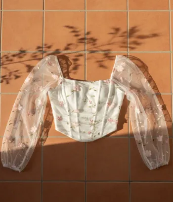 Corset manches longues transparentes fleuries, blanc rose, taille S, style romantique chic