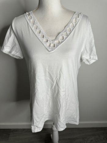 T-shirt blanc col broderies ajourées Grain de Malice T42 XL