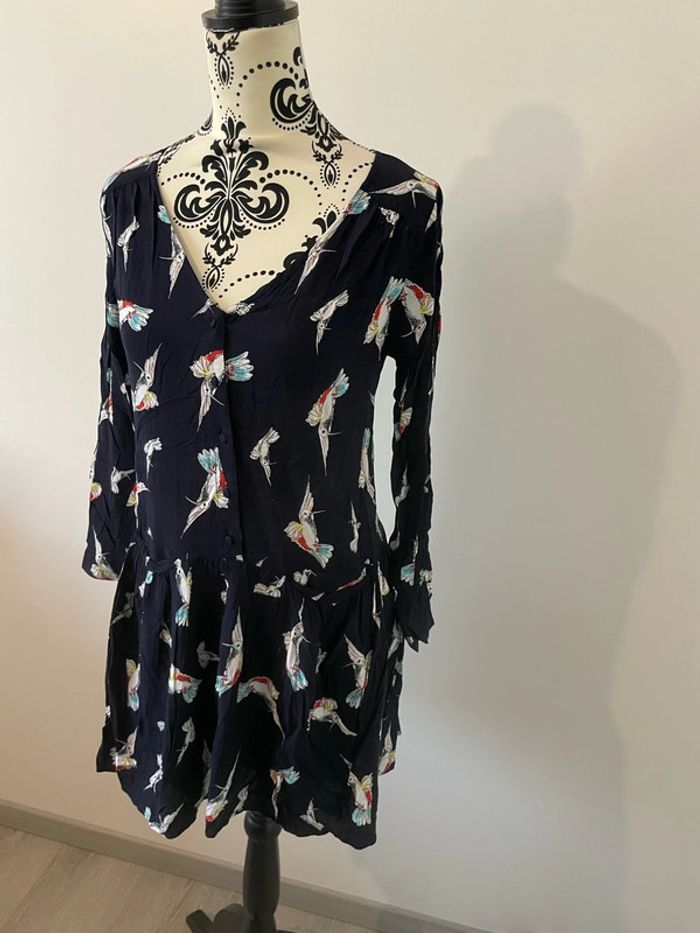 Robe à manches longues col V bleu marine à motifs multicolore boutons devant daphnéa taille S - photo numéro 3