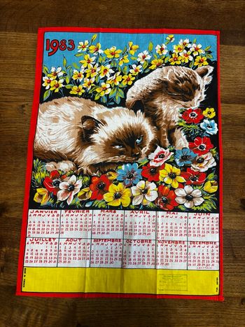 Vintage torchon publicitaire calendrier 1983 chats et fleurs